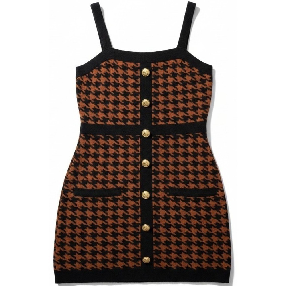 Coco & Shay Women's Large Houndstooth Sweater Mini Dress Brown Black